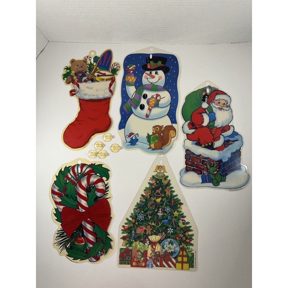 Vintage Christmas Window Color Clings Lot Of 5 With Suction Cups Santa Snowman